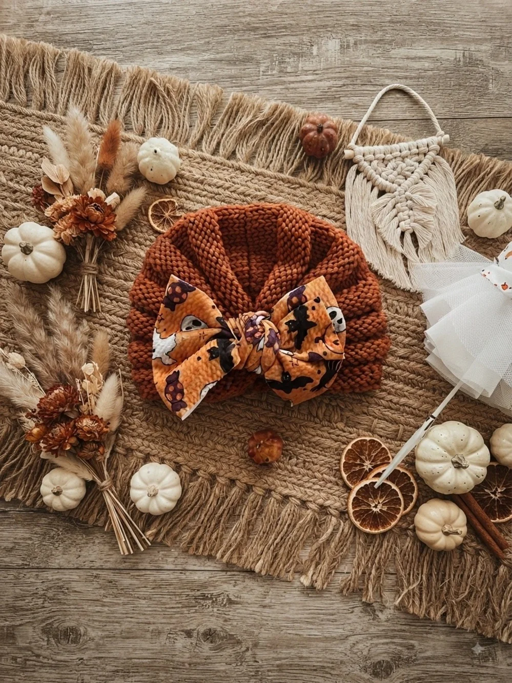 Handmade Halloween Baby Toddler Knit Turban Beanie Bow Hat